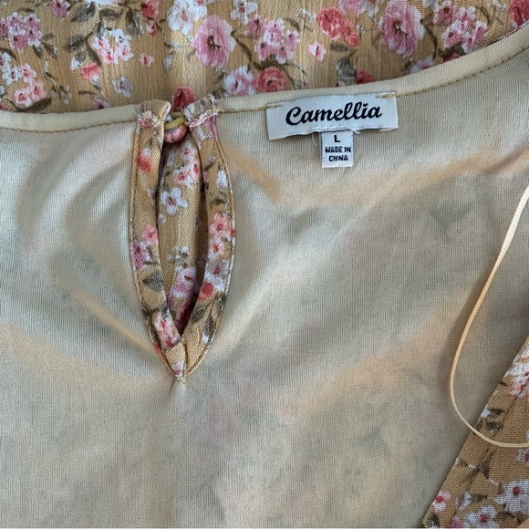Camellia Brown V Neck Mini Floral Dress W/ Side Ties Size Large - Picture 10 of 12